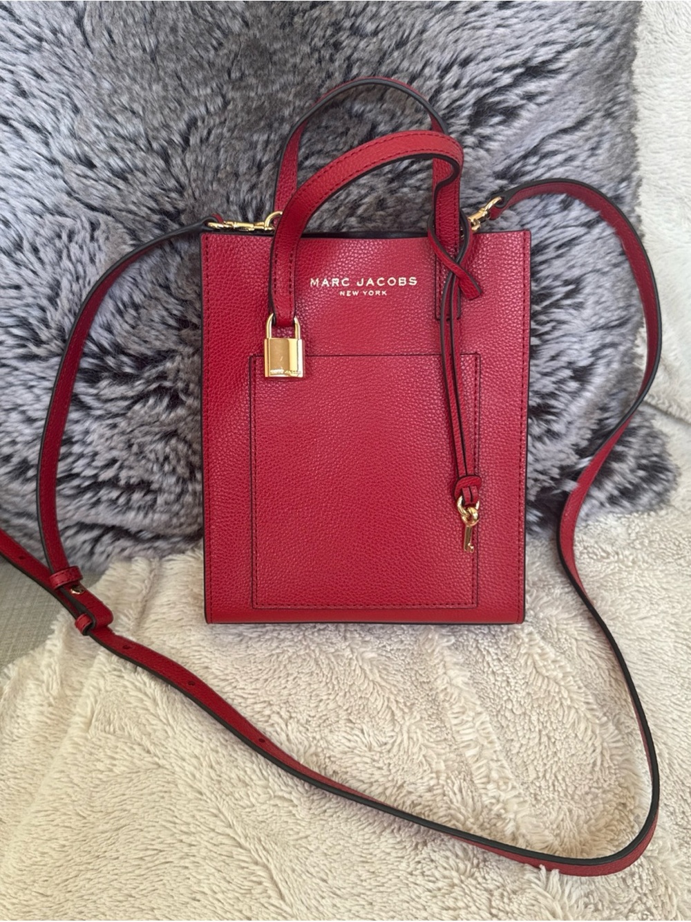 Marc Jacobs Micro Grind Tote Red Pebbled Leather Crossbody with Gold Lock